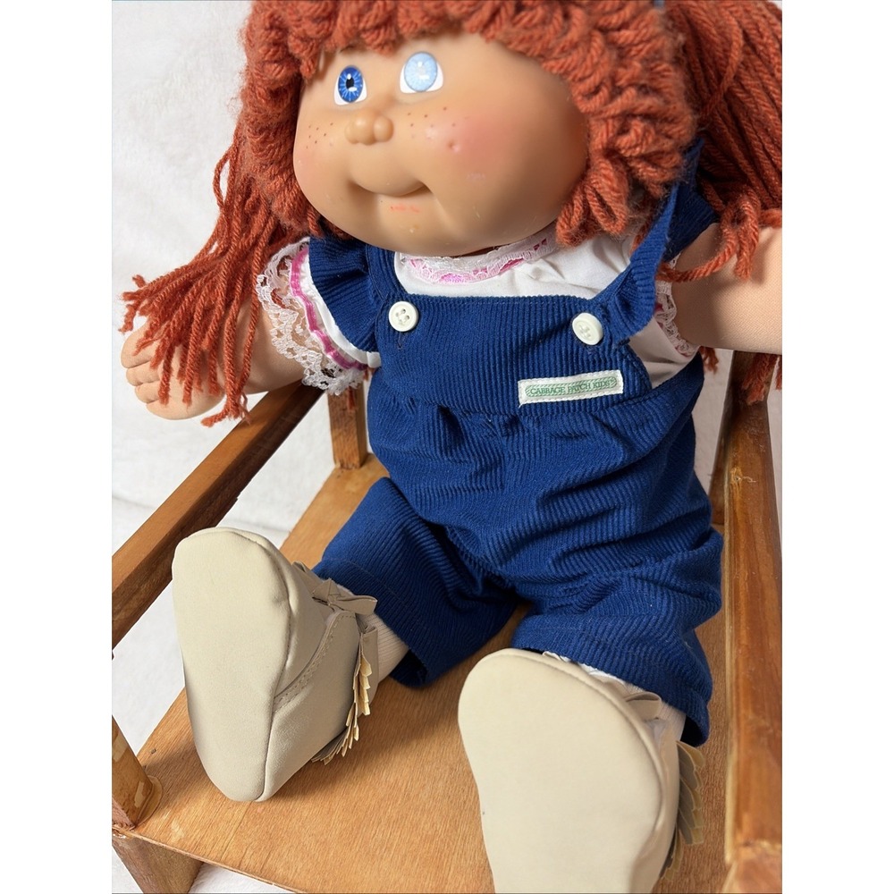 Cabbage patch 25th anniversary red hair freckles blue overalls Rustic Wood Chair - Picture 3 of 16